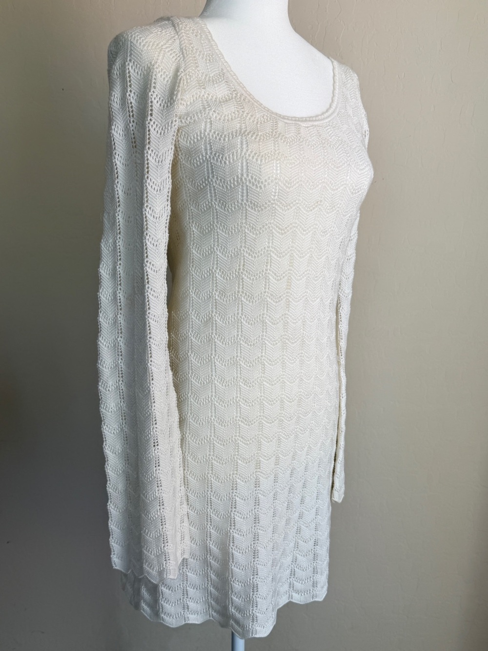 Hollister Cream Crochet bell sleeve Knit Long Sleeve Mini Dress Beachy Boho Med